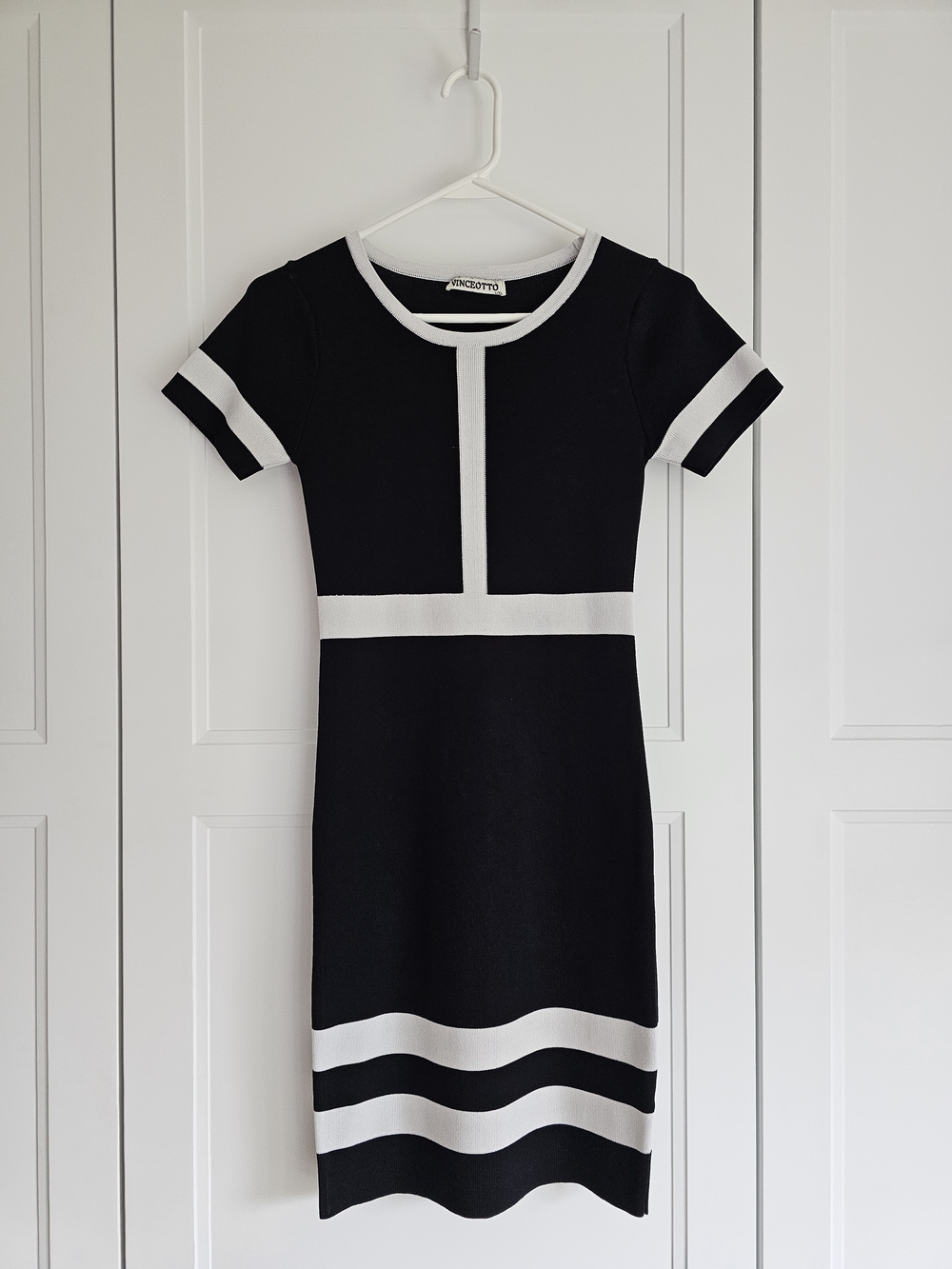 Vinceotto Black & White Stripes Bodycon Scuba Stretch Knit Midi Dress